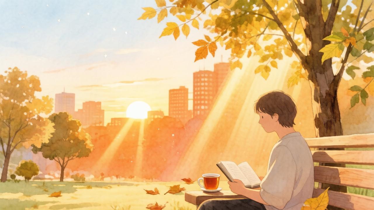 Закат в парке, человек с книгой на скамейке и начинающие желтеть листья — иллюстрация к прощанию с летом в гороскопе